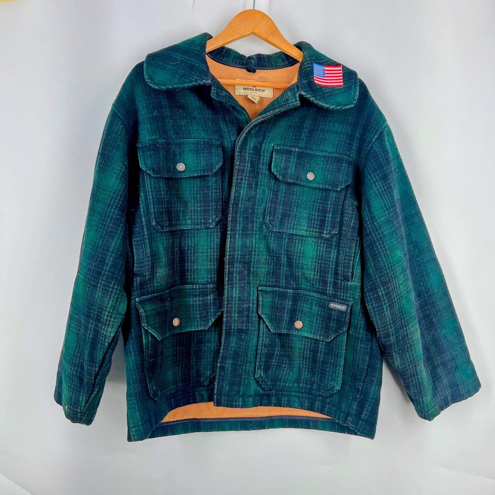 Woolrich Mens 503 Plaid Wool Blend Hunting Field Jacket Flag Patch Size‎ M